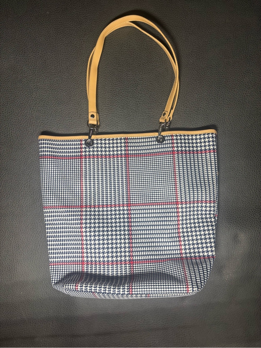 Lauren Ralph Lauren Houndstooth Plaid shoulder Tote Bag Blue Tan RL Monogram - Picture 4 of 13